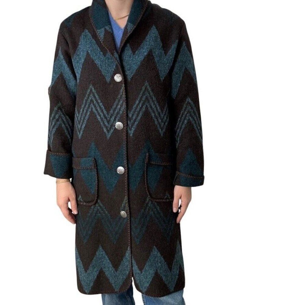 Vintage Rhonda Stark Brown Blue Aztec Western Wool Blend Ranch Chore Trench Coat